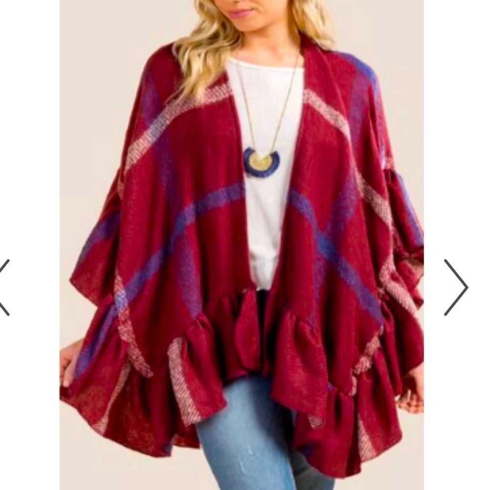 Francesca’s Robin Ruffle Hem Ruana Plaid Wrap Shaw Womens one size